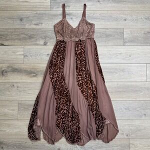 Vintage Boho Fairycore Velvet Burnout Lace Trim Maxi Dress Forest Fairy READ